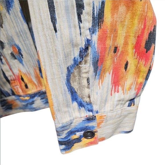 Chicos Denim Jacket Abstract Print Blue Orange Button Up Size 2 Large US 12 - Picture 4 of 8